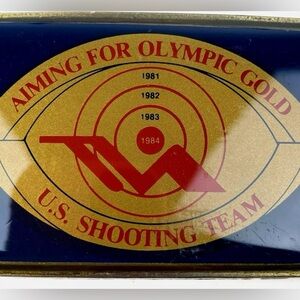 1984 OLYMPICS BELT BUCKLE USA RIFLE SHOOTING TEAM LOS ANGELES Gold Vtg Gift